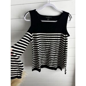 August Silk Women's‎ Large Black White Cold Shoulder Stripe Sweater